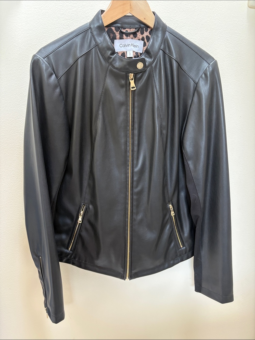 Calvin Klein Black Leather Zip Jacket with Gold Hardware